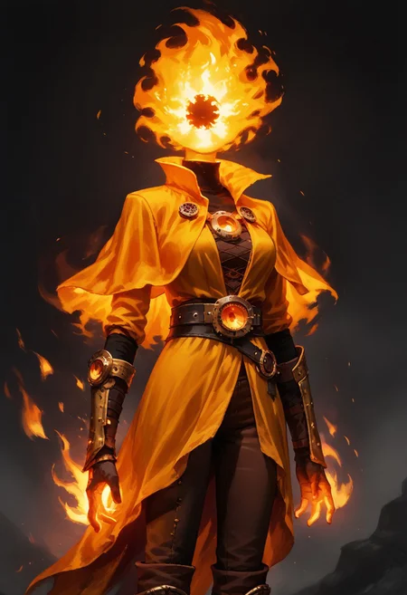 score_9, score_8_up, score_7_up,
lord_of_frenzy, fire head, h3ad, headless,
novakin, faceless, no eyes, no mouth, no nose, no facial features, short fiery yellow orange hair, body made of black plasma,
magical girl outfit, steampunk dress, boots, brown shorts, black tights, medium breasts, belt,
simple background, grey background,