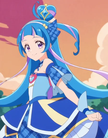 score_9, score_8_up, score_7_up, anime screencap, solo,1girl,curewink,blue hair, blue dress, magical girl, skirt,smile, looking at viewer, cowboy shot,from behind<lora:curewink_pony:0.8>
