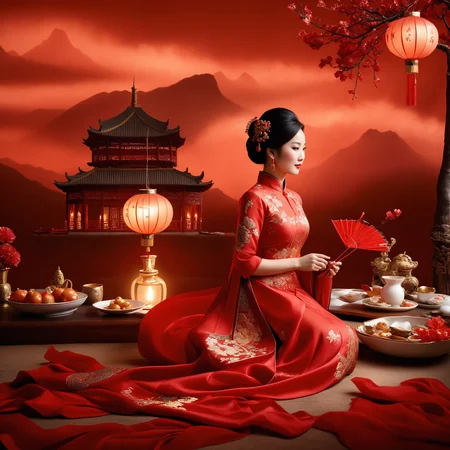 T5XXL prompt: {A beautiful, awe view in Tian Shan mountain range. A woman in traditional cheongsam dress is holding a flair. Her red dress with golden embroidery underscores her polished look. The mountain range is illuminated by red, dim sunlight, specific for evening hours. Her hourglass body is like an imagination of the flow of time, the balance of light and darkness, good and evil, still and change. The table near her is filled with some food in nice ceramic plates and drinks in nice Chinese porcelain. The central figure, a candleholder, is decorated with a golden snake, that is perched on it. Behind her, one Chinese temple is visible, covered in nice Chinese calligraphy in the entering. A group of people, seen in xinpao dresses, stepping up to visit the temple. The scene is framed by few Chinese lamps, made of nice rice paper and lit with candles inside. The image has a cinematic feel, like a still from a documentary on Chinese traditions on celebrating the Chinese Lunar New Year. A group of children in the background fly a kite.},
CLIP-L prompt {1girl, solo, black hair, gloves, dress, holding, closed mouth, jewelry, sitting, full body, flower, outdoors, earrings, hair flower, hair bun, cup, food, red footwear, indoors, Japanese clothes, red dress, lips, cup of tea, lantern, red flower, candle, pagoda, lanterns, traditional Chinese dress}