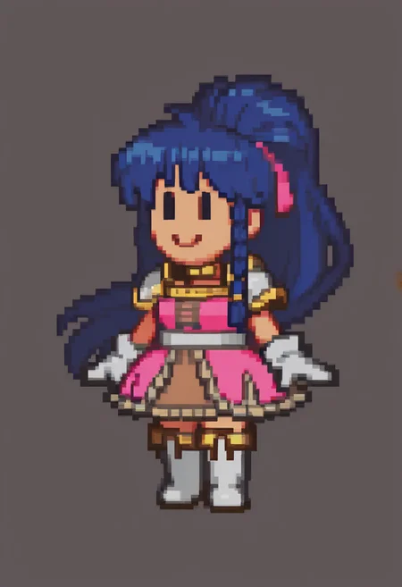 masterpiece, best quality, 1girl, smile, <lora:PM64-Sprites-illus_Fp:1> pixel art, full body, chibi, solid oval eyes, simple background, <lora:TanaFE-illu:0.95> defTana, blue hair, long hair, high ponytail, hair ribbon, twin braids, blue eyes, neck ring, pink dress, chest strap, white belt, short dress, pauldrons, white gloves, brown skirt, frilled skirt, thigh boots