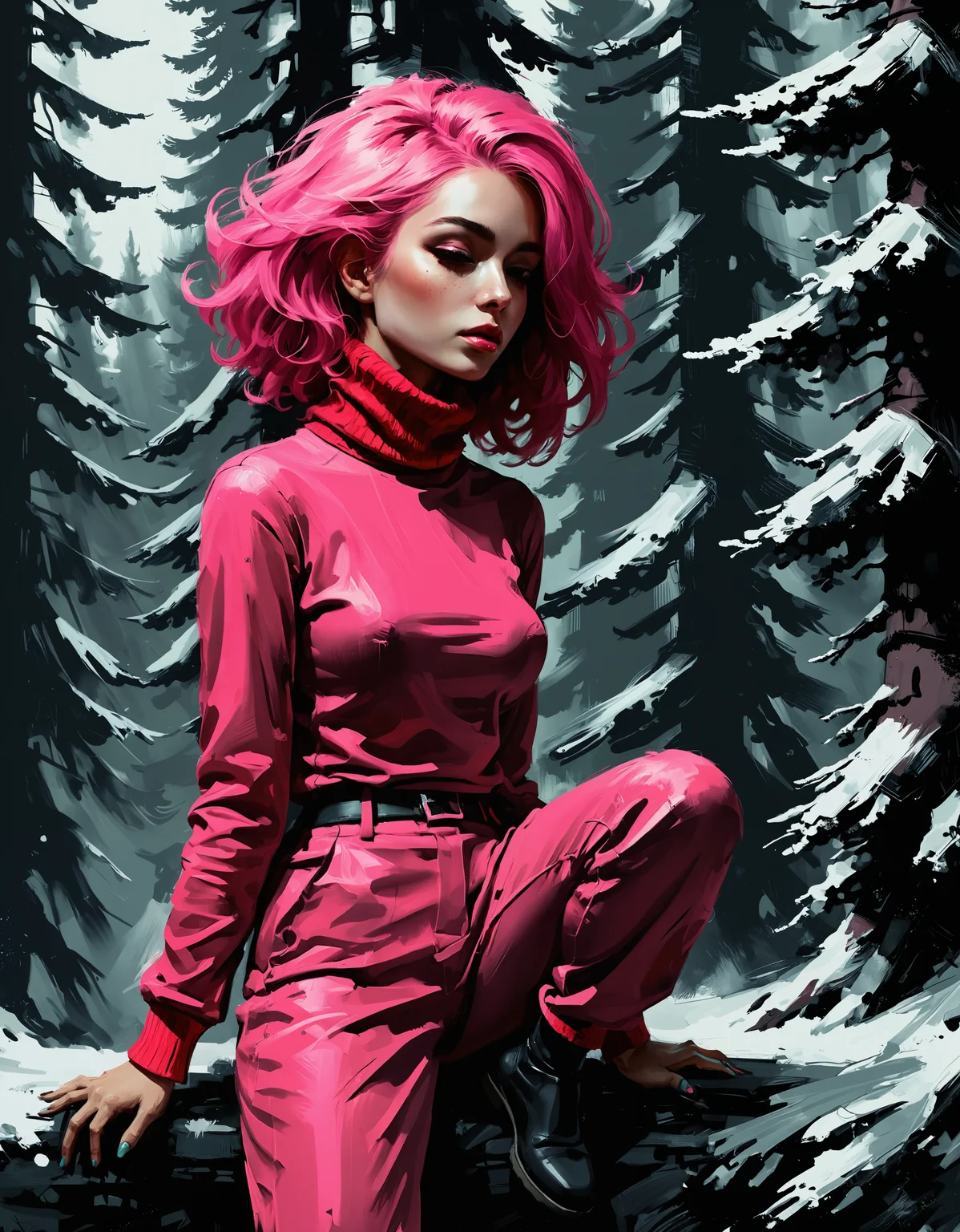zavy-ngtvpnt, painting, (Female:1.2) , the Female is Eye-catching, surrounded by Cedars, the Female is dressed in a Wonder Turtleneck and wide-leg pants that was forged by Gnomes, It is deep pink, her hair is Glamorous, Illustration, Sleepycore, Low Contrast, in the style of Nighthawks, very coherent, illustrious, dynamic dramatic composition, epic composition, ambient
