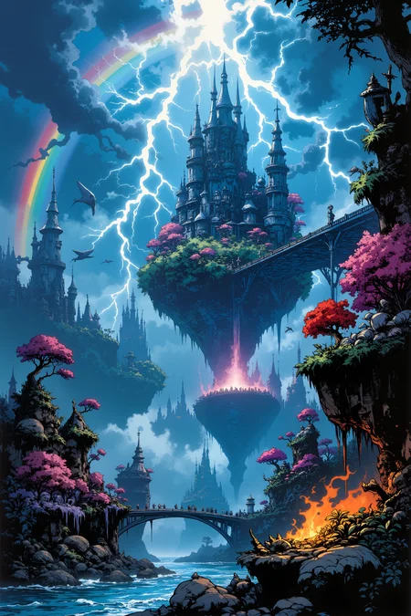The Storm Gardens of the Sky Archipelago, where islands of earth and lightning float in a perpetual tempest. Each island hosts a different type of magical weather - eternal rain, frozen lightning, rainbow storms, or thunder crystals that grow like plants. Bridges of pure electricity connect the major islands, their intensity shifting with the strength of the surrounding storms. Flying whales with storm clouds for fins navigate between the islands, their songs creating new weather patterns. The sky is a canvas of impossible colors as different storm types collide and merge, creating spectacular light shows and weather phenomena never seen in the mortal realm. Fantastic lighting. Detailed shadows.intricate details, vivid colors, hyper-detailed, ultra-sharp<lora:Ev_Ganin:0.4><lora:Vintage comic book:0.4><lora:RetroAnimeFluxV1:0.15><lora:Greg_Capullo_style:0.4><lora:jeanClaude_Mzires_Style_FLUX-000001:0.4><lora:Flux_Ink_Anime:0.4>