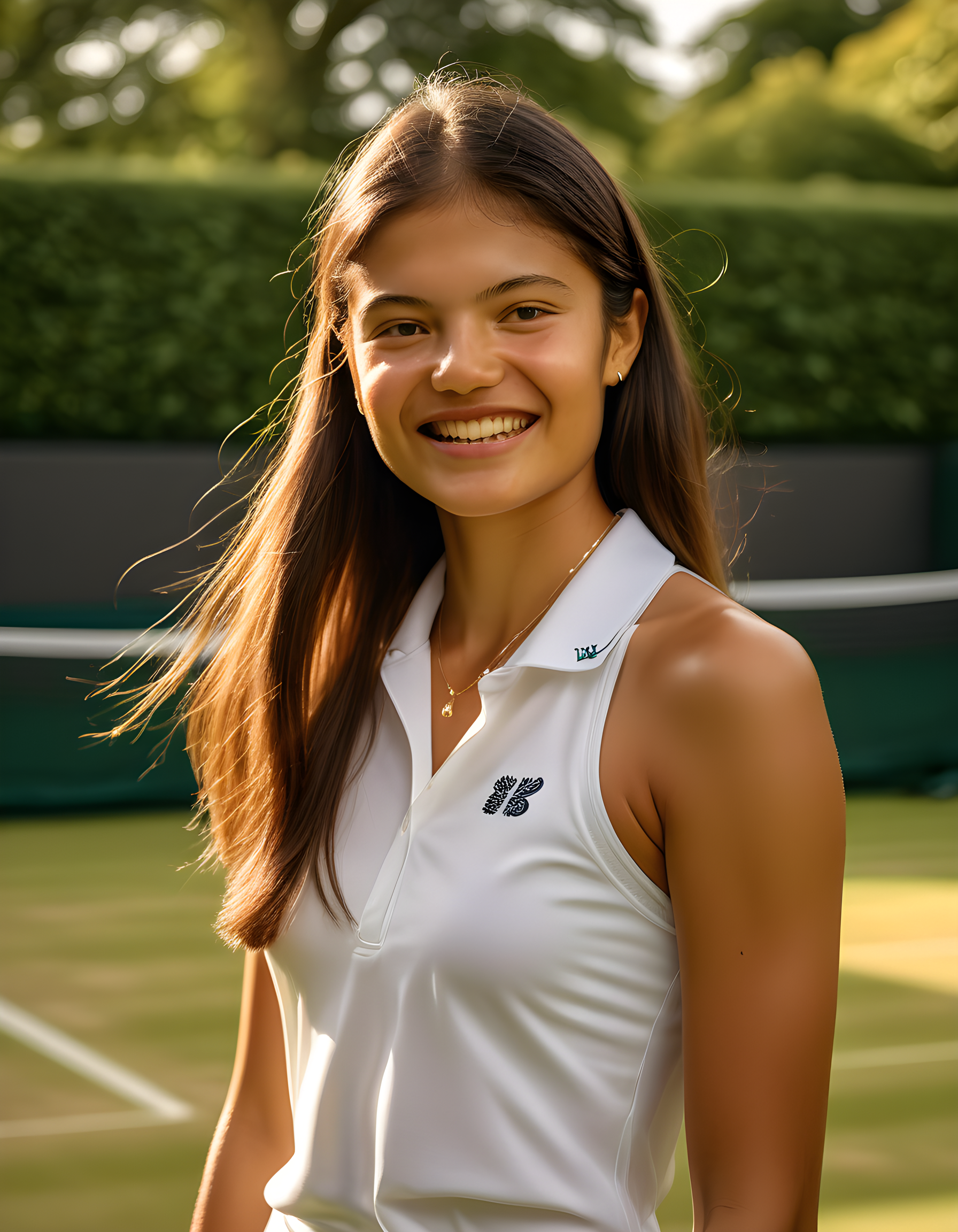 emmaraducanu, In a bustling Wimbledon courtyard bathed in the soft golden glow of late afternoon sunlight, tennis champion Emma Raducanu stands confidently with a radiant smile revealing pearly whites and glossy lips, her long chestnut hair cascading down her shoulders adorned with delicate jewelry. Her eyes sparkle with determination as they lock with the viewer, clad in a chic white shirt that perfectly accentuates her poise. The iconic All England Club's green turf stretches out behind her, creating an inspiring and captivating portrait of success and grace.