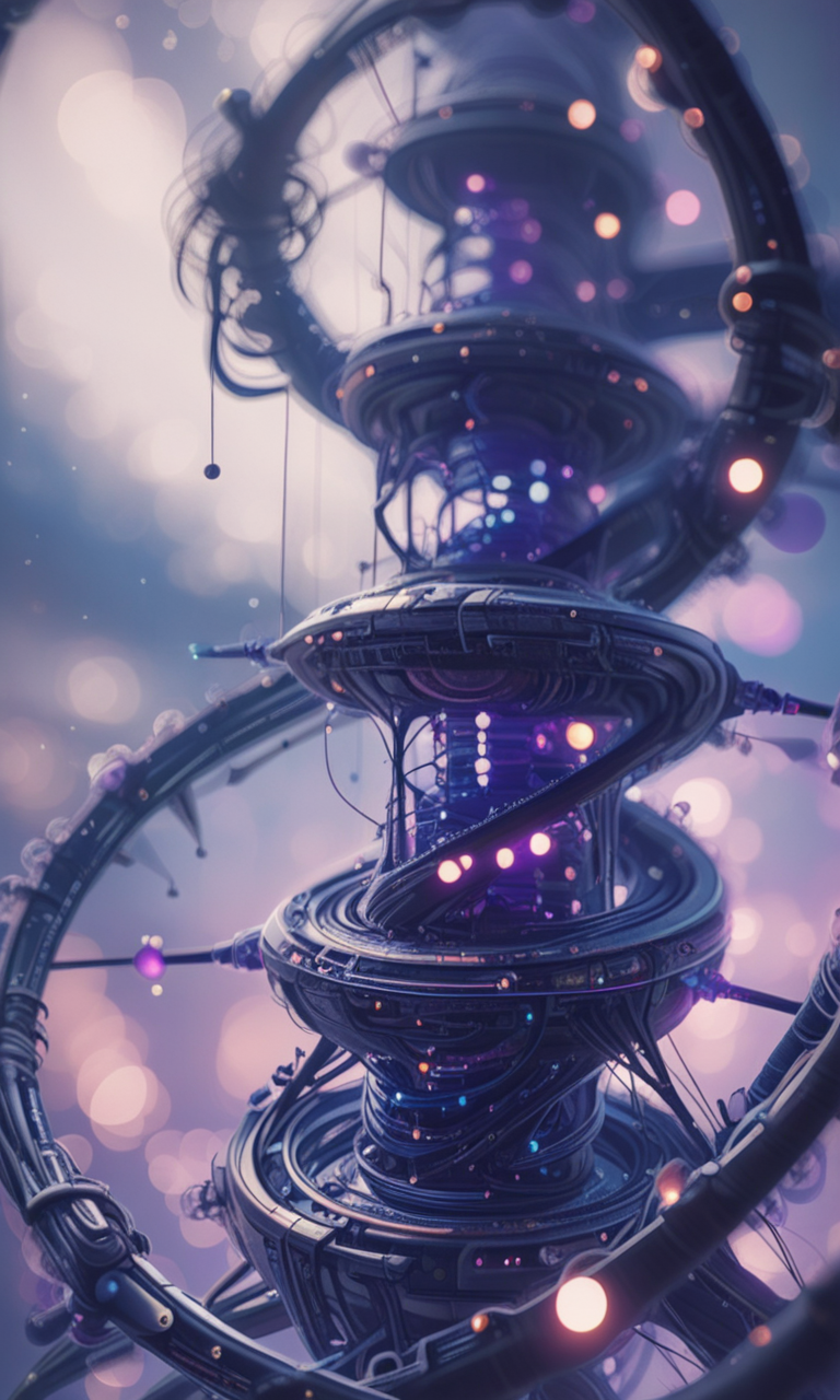 A close-up photograph of a DNA double helix robotic structure illuminated with vibrant blue and purple hues set against a blurred colorful background with bokeh effects. The image captures intricate details and a futuristic scientific atmosphere,     <lora:- iLL -PdJ_highres_counterweight_V1.0-step00004500:.8> <lora:- iLL - the_edgy_mech_V2.0-step000013500:0.8>
