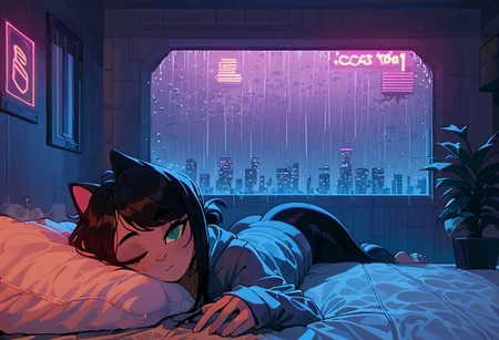 score_9,score_8_up,score_7_up,score_6_up, 1girl,
sitting in bed next to a large window, holding coffee cup, steaming coffee cup on windowsill, wearing croptop hoodie, black croptop hoodie, long hair, black hair, low ponytail hairstyle, pov from outside, view from putside the window looking into the room, looking out window, head resting on pillow laying on the bed, hoodie, plants on the windowsill, looking out the window, looking at viewer, background is the bedroom, tidy bedrrom, small room, cramped bedroom, teddies on the bed,, wearing legging, see through thights, black tights, cyberpunk city view out of the window, raining outside, heavy rain outside, neon light, purple neon lights, cat on the bed, pet cat in the room, pet cat sleeping on the bed
