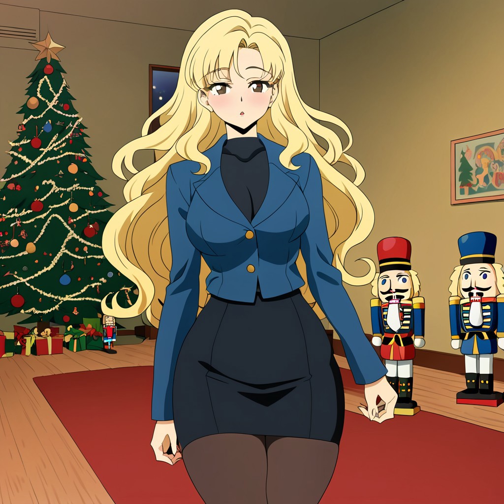 sfw, score_5_up, (best_quality:1.0), score_9, score_8_up, anime coloring, solo, medium breasts, wide hips, big hips, toned thighs, parted lips, solo, anime coloring,(brown eyes), black eyeliner, eyelashes, (long, blonde hair, long hair, curly), blush, (perfect face), milf, slender, big breasts, nutcracker, Black Pencil skirt, pantyhose, blue jacket, 1990s_(style), retro style, living room, night, christmas tree, christmas ornaments, red carpet