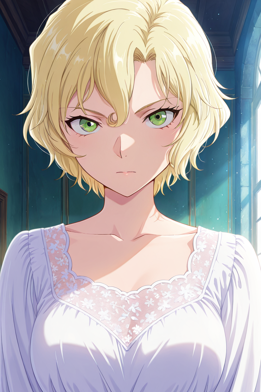 front view,
1girl,upper body,looking at viewer,white dress,
Best quality,masterpiece,soft light,official art,high quality,highres,absurdres,epic scene,natural textures,mary sera,blonde hair,short hair,green eyes,<lora:Mary Sera IL V3-000010:1>,