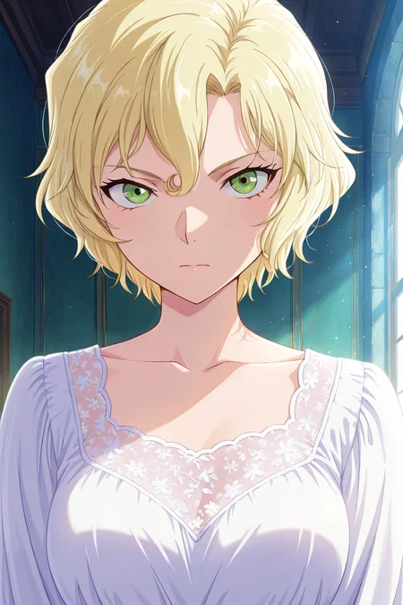front view,
1girl,upper body,looking at viewer,white dress,
Best quality,masterpiece,soft light,official art,high quality,highres,absurdres,epic scene,natural textures,mary sera,blonde hair,short hair,green eyes,<lora:Mary Sera IL V3-000010:1>,
