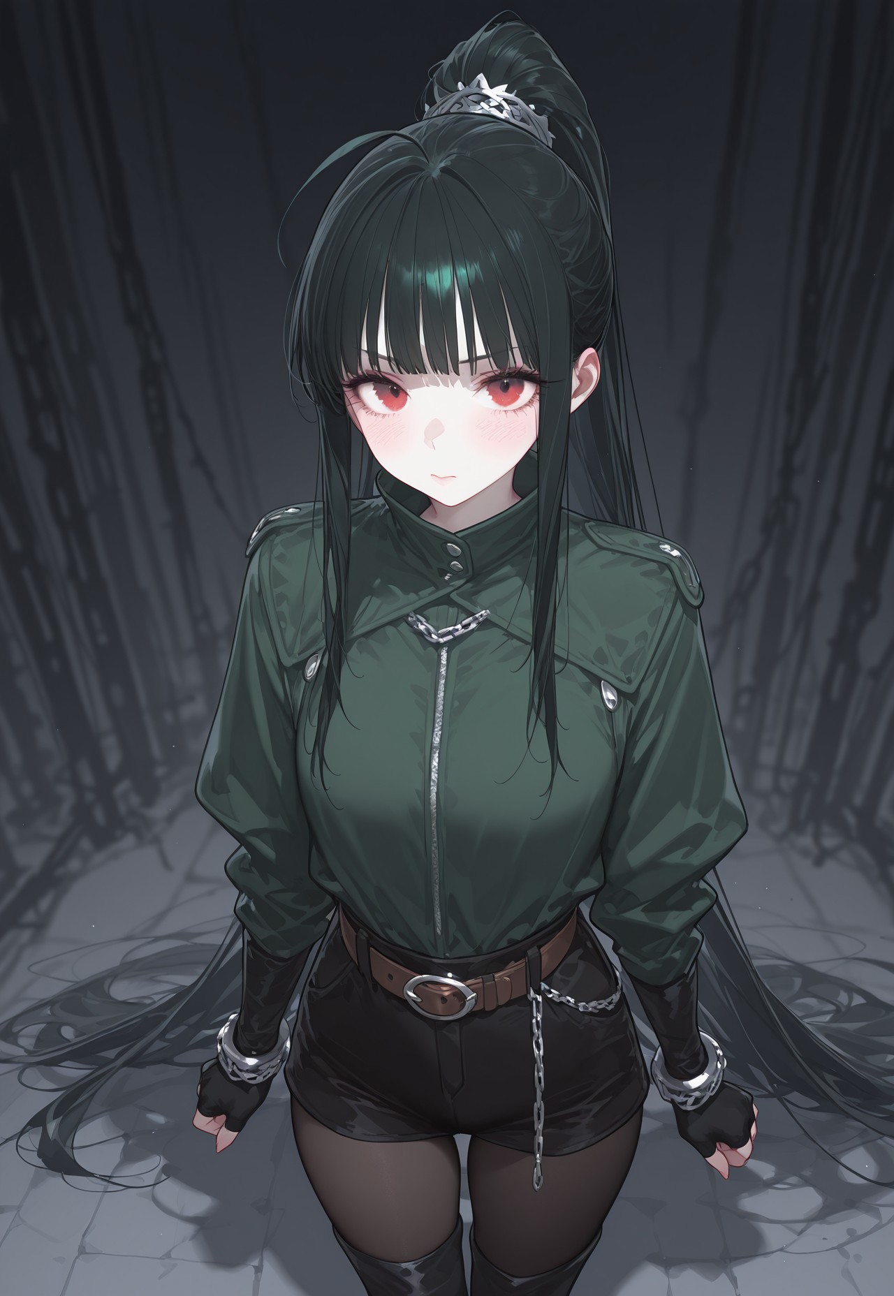very awa, masterpiece, good aesthetic, best quality, absurdres,  hyper details, beautiful, gorgeous, very awa, masterpiece, good aesthetic, best quality, absurdres, looking at viewer, 

Realistic Hentai Style, realistic clothing, detailed clothing, ultra HD clothing, hyper realistic clothing, 

bushy eyelashes, thick eyelashes, long eyelashes, blushing, beauty mark, glossy lips, glittery eyeliner, 

bushy eyelashes, thick eyelashes, long eyelashes, blushing, beauty mark, glossy lips, glittery eyeliner, 

Black hair, extremely long hair, straight hair, long sidelocks, straight sidelocks, messy bangs, blunt bangs, hime bangs, blunt hair, princess bangs, ahoge, spiky bangs, high ponytail, extremely long ponytail, crimson eyes, pale white skin, passive expression, long face, narrowed shoulders, narrow face

Long top, high collar, long top that extends past her waist with dark green trimmings, thin brown belt, black boots, black leggings, long fingerless gloves, 

Chain decor clipped to shirt, thick brown belt, silver buckle, black knee socks, black shorts, black fingerless gloves, brown are warmer, 

