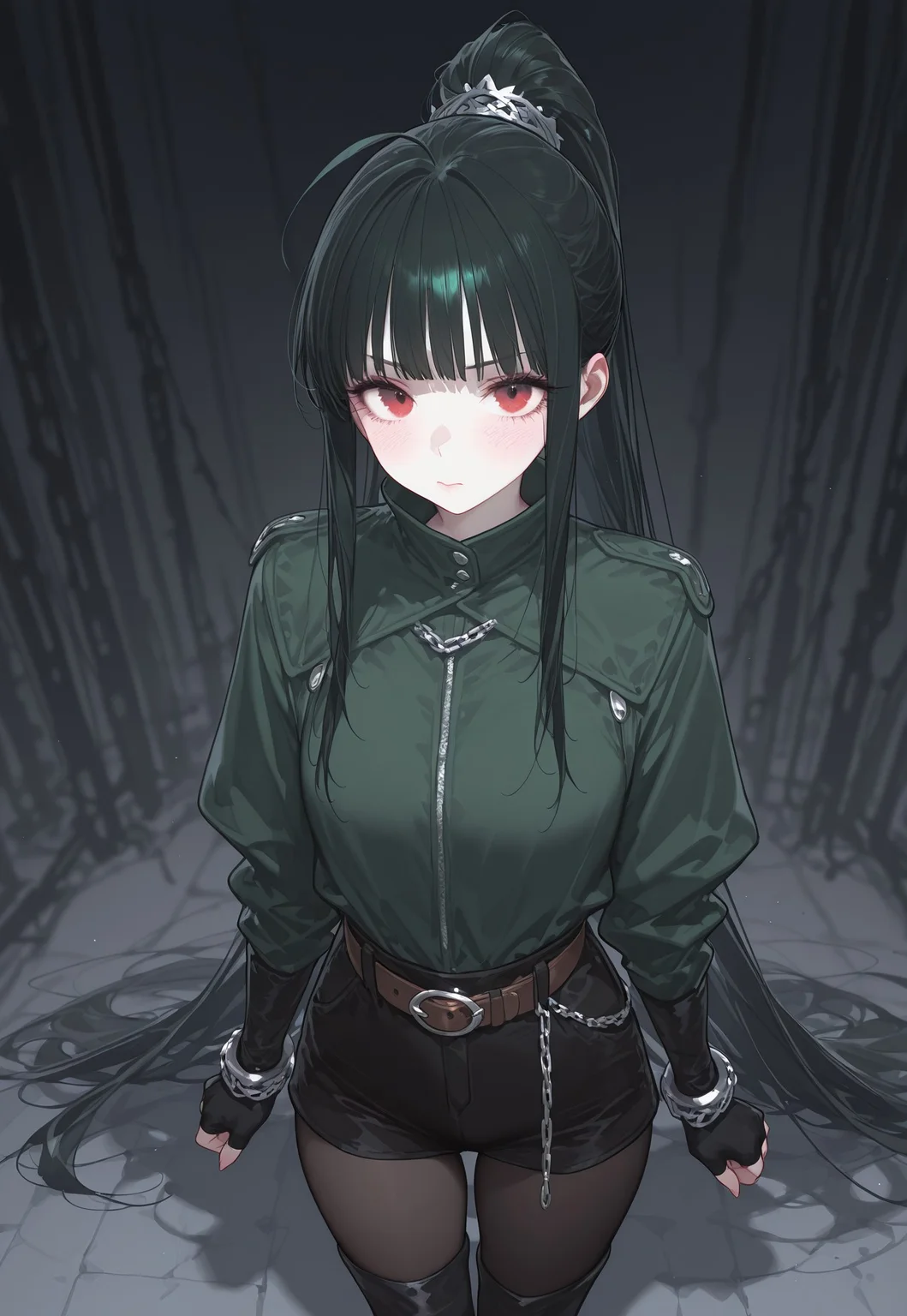 very awa, masterpiece, good aesthetic, best quality, absurdres, hyper details, beautiful, gorgeous, very awa, masterpiece, good aesthetic, best quality, absurdres, looking at viewer,
Realistic Hentai Style, realistic clothing, detailed clothing, ultra HD clothing, hyper realistic clothing,
bushy eyelashes, thick eyelashes, long eyelashes, blushing, beauty mark, glossy lips, glittery eyeliner,
bushy eyelashes, thick eyelashes, long eyelashes, blushing, beauty mark, glossy lips, glittery eyeliner,
Black hair, extremely long hair, straight hair, long sidelocks, straight sidelocks, messy bangs, blunt bangs, hime bangs, blunt hair, princess bangs, ahoge, spiky bangs, high ponytail, extremely long ponytail, crimson eyes, pale white skin, passive expression, long face, narrowed shoulders, narrow face
Long top, high collar, long top that extends past her waist with dark green trimmings, thin brown belt, black boots, black leggings, long fingerless gloves,
Chain decor clipped to shirt, thick brown belt, silver buckle, black knee socks, black shorts, black fingerless gloves, brown are warmer,