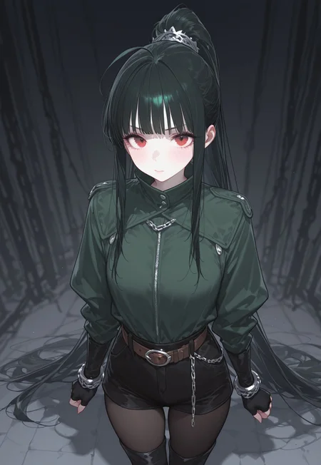 very awa, masterpiece, good aesthetic, best quality, absurdres, hyper details, beautiful, gorgeous, very awa, masterpiece, good aesthetic, best quality, absurdres, looking at viewer,
Realistic Hentai Style, realistic clothing, detailed clothing, ultra HD clothing, hyper realistic clothing,
bushy eyelashes, thick eyelashes, long eyelashes, blushing, beauty mark, glossy lips, glittery eyeliner,
bushy eyelashes, thick eyelashes, long eyelashes, blushing, beauty mark, glossy lips, glittery eyeliner,
Black hair, extremely long hair, straight hair, long sidelocks, straight sidelocks, messy bangs, blunt bangs, hime bangs, blunt hair, princess bangs, ahoge, spiky bangs, high ponytail, extremely long ponytail, crimson eyes, pale white skin, passive expression, long face, narrowed shoulders, narrow face
Long top, high collar, long top that extends past her waist with dark green trimmings, thin brown belt, black boots, black leggings, long fingerless gloves,
Chain decor clipped to shirt, thick brown belt, silver buckle, black knee socks, black shorts, black fingerless gloves, brown are warmer,