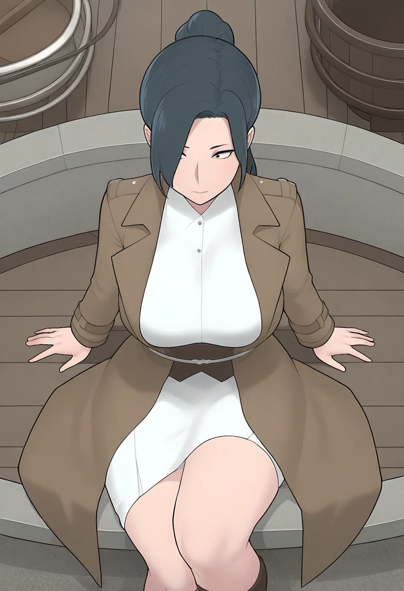 masterpiece, best quality, amazing quality, 1girl, solo, large breasts, Sitting with one hand running through the hair, from_above, Scarle Long coat, spiked hair, ponytail, Jet Black hair, well, cropped_legs, <lora:Illustrous\ntrman_IL:1.0>