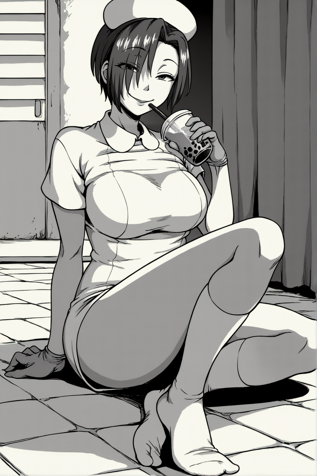 score_9, score_8_up, score_7_up, monochrome, manga_source, best background, detailed background, manga, greyscale   Numajiri, latex gloves, hat, nurse, nurse cap, sitting, smile, solo full body, socks, solo, outdoors, horny, smug, naughty face, drinking, bubble tea,  <lora:JN_Numajiri:0.8>