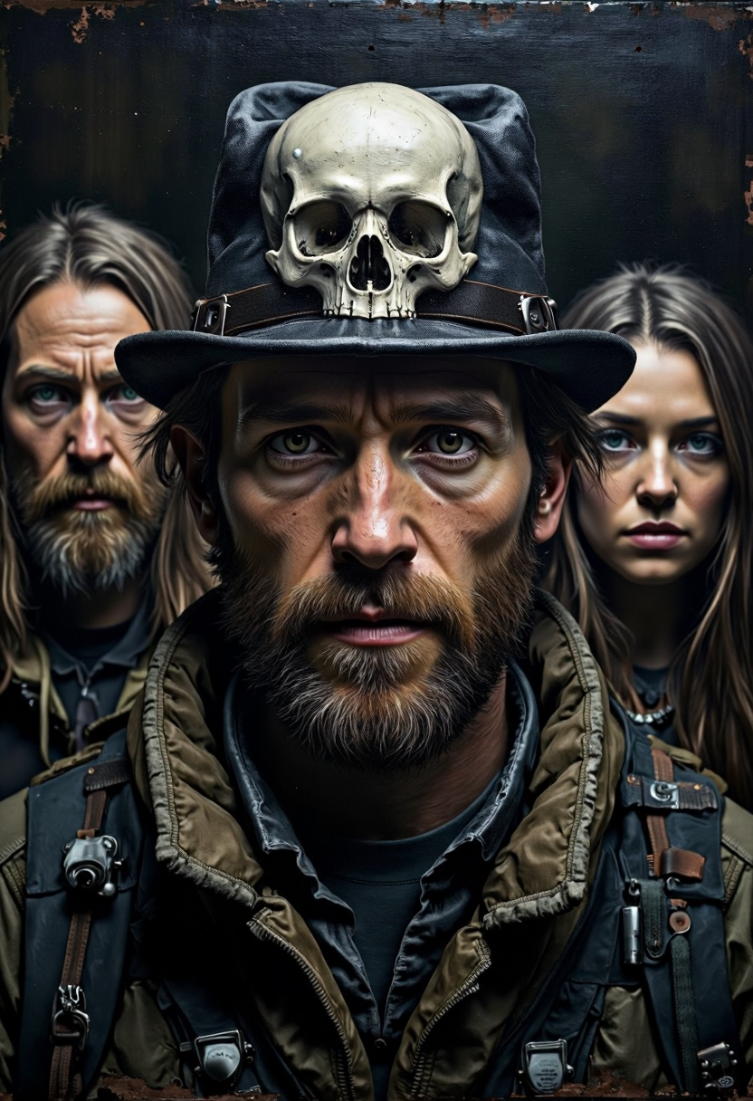 Dark and moody yfg-daak, A painting of a man's head is shown. The man has a black hat on his head with a white skull inside of it. He has brown hair and a beard. His eyes are open and he has a peaceful look on his face. There are two other people behind him.