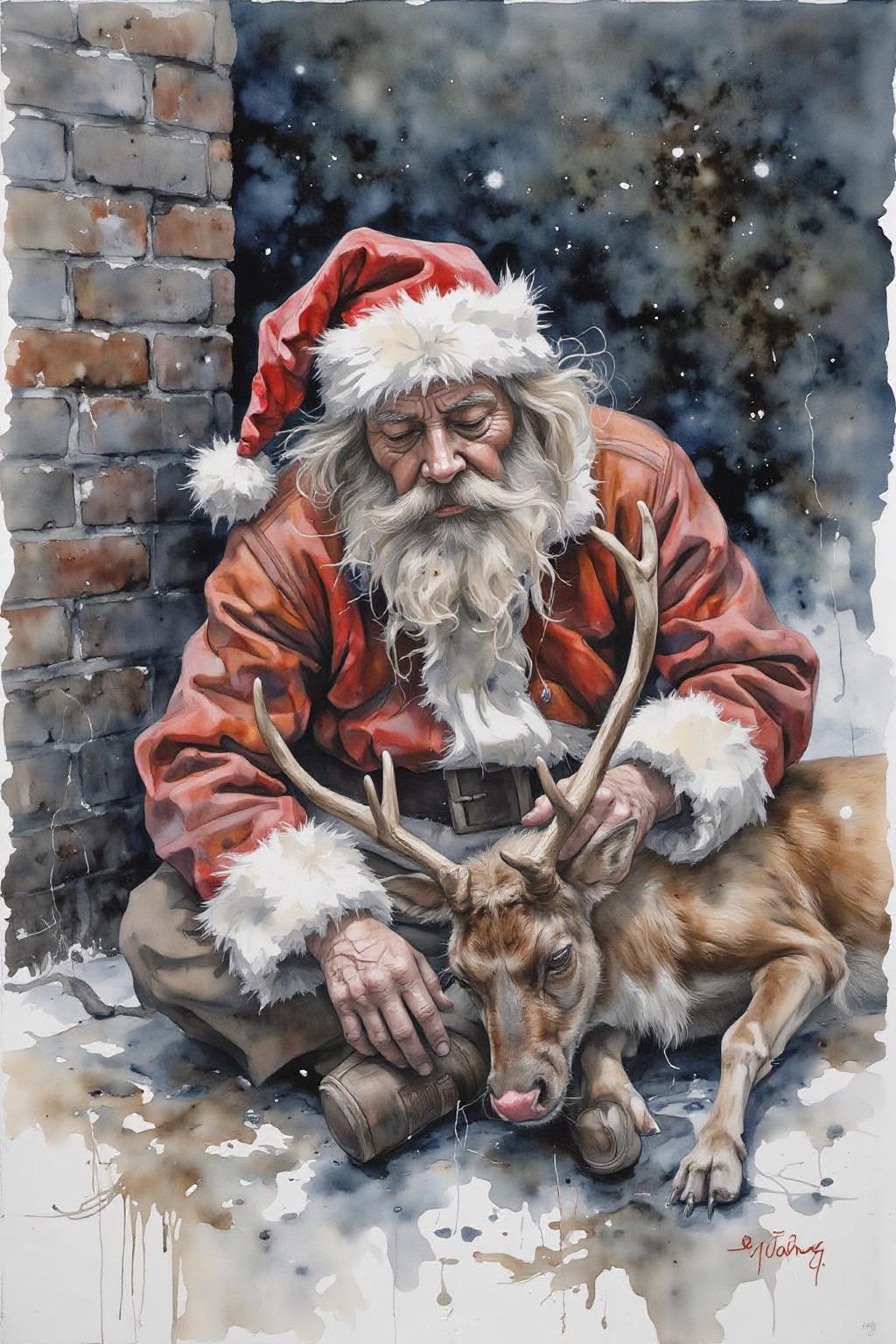 yawc1 watercolor.
Homeless Drunk Santa Claus sleeping rough on the street with Rudolph the red-nosed reindeer   <lora:yawcolor_nocap_d6a3:1.0> <lora:Flux-Sch-SingleBlocks-BF16:1.0><lora:799116933862686165:0>