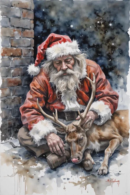 yawc1 watercolor.
Homeless Drunk Santa Claus sleeping rough on the street with Rudolph the red-nosed reindeer <lora:yawcolor_nocap_d6a3:1.0> <lora:Flux-Sch-SingleBlocks-BF16:1.0><lora:799116933862686165:0>