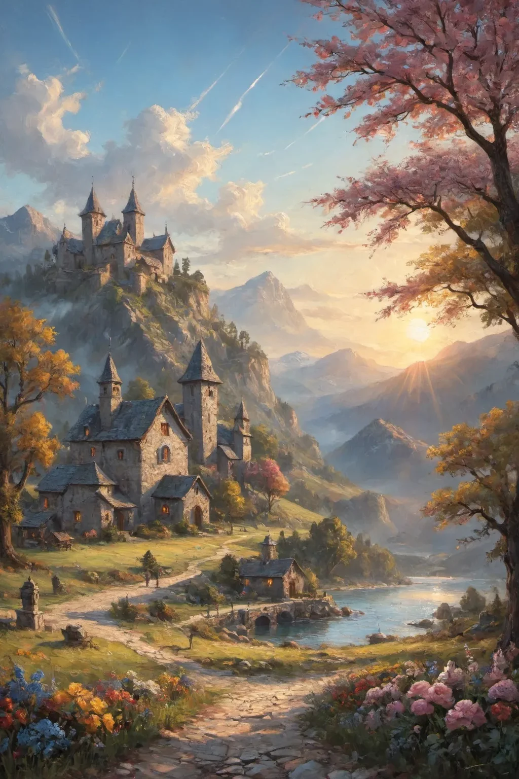 the most beautiful landscape, fantasy, ((very detailed)), sharp focus, sharp background, best quality, valley, meadow, fountain, peasant village, stunning nature environment, (bright sunny sky), high contrast, cinematic (lights), backlight, shadows, lens flare, vibrant colors, colorful, Gainsboro Gray flowers and leaves, <lora:add-detail-xl:1> <lora:Better Blur Control:1>