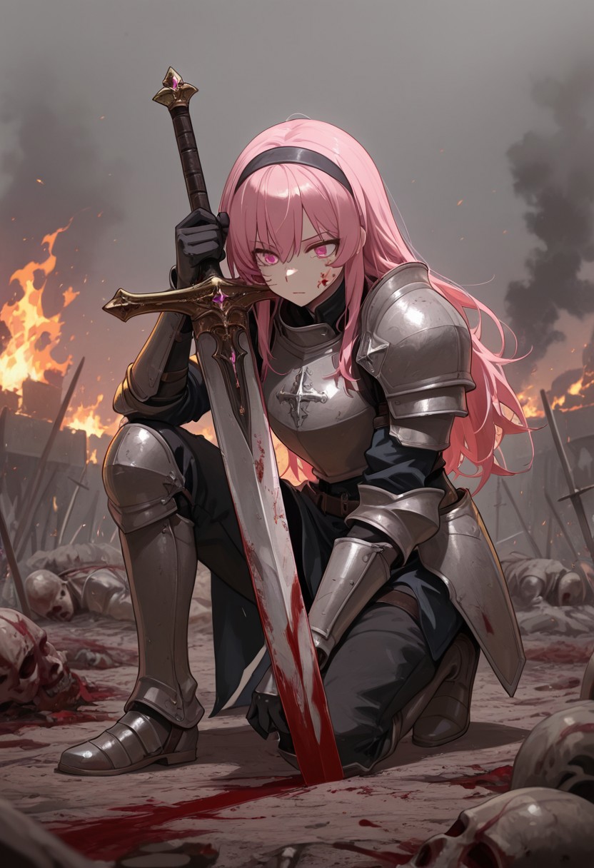 masterpiece, best quality, very aesthetic, absurdres, safe, pink eyes, armor, gloves, hairband, pink hair, long hair, 1girl, bowed head, sits on one knee, leans on sword, blood on face, blood on sword,
background (battlefield, corpses, smoke, fire)