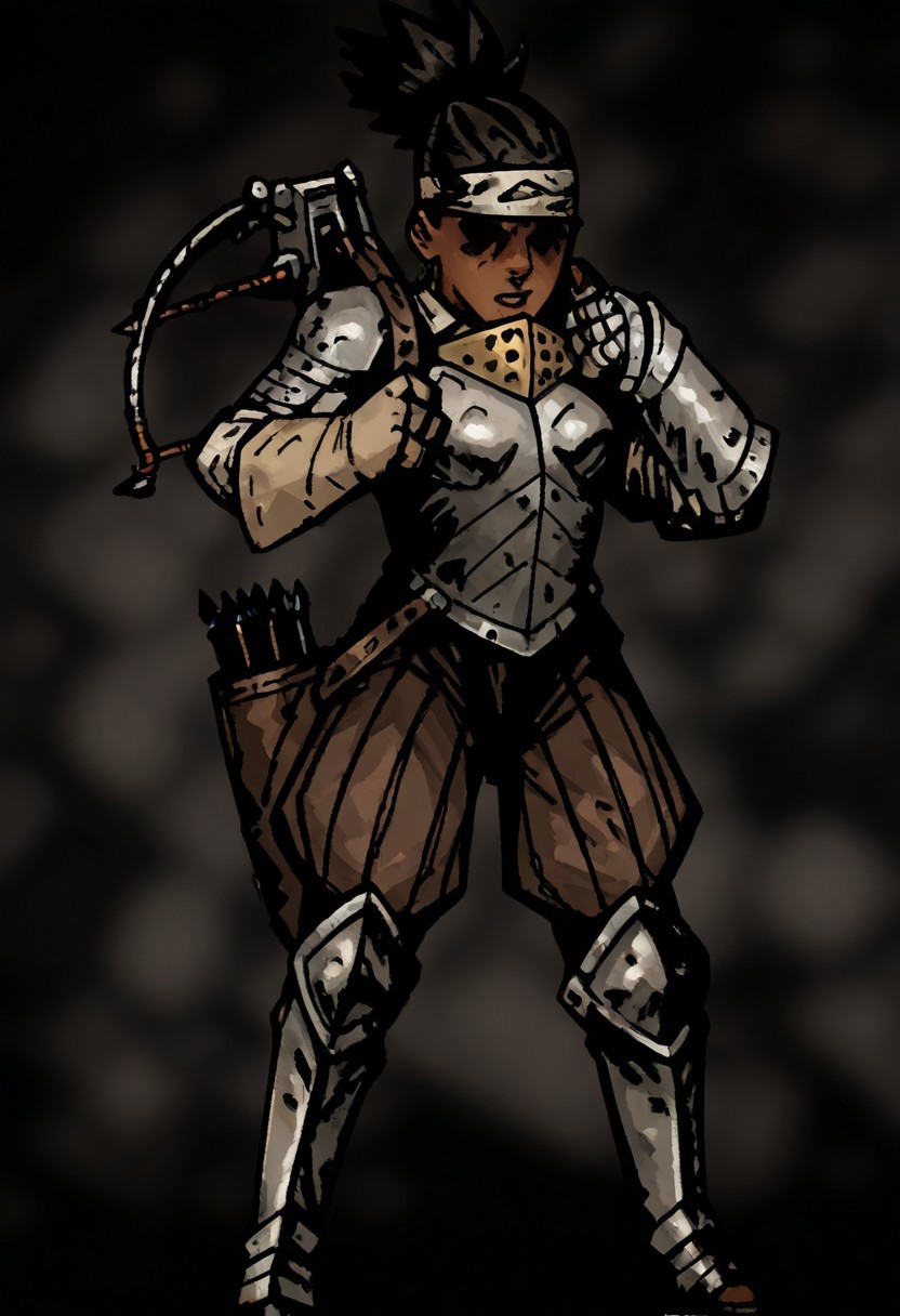 masterpiece, best quality, newest, absurdres, highres, 
mark gavatino style, 
DDstyle, official style,
black eyes, shaded eyes,
1girl, DD-Arba-V1.0, dark-skinned female, dark skin, dredlocks, armor, breastplate, armor, headband, greaves, quiver, ponytail, pauldrons