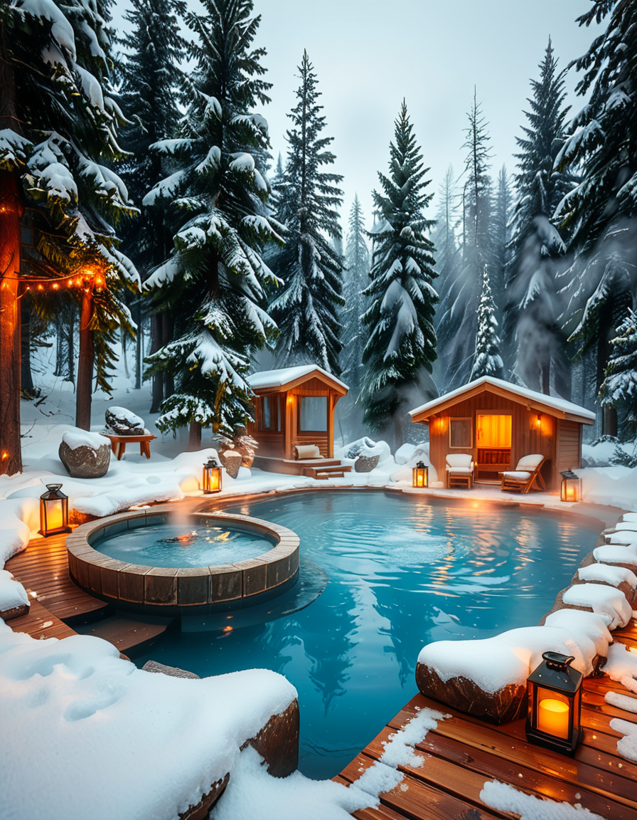 A breathtaking Nordic spa in the heart of a snowy forest, surrounded by tall evergreen trees. The scene captures a steaming outdoor hot pool with crystal-clear water, reflecting the soft glow of ambient lighting. A rustic wooden cabin with a snow-covered roof stands nearby, serving as a relaxation area. Wooden lounge chairs with neatly folded white towels are placed around the pool. A stone pathway, lightly dusted with snow, leads to the water, illuminated by warm, soft lanterns. A few people are seen enjoying the spa, some wrapped in cozy robes while others relax in the steaming water. The atmosphere is serene and tranquil, with mist rising from the hot pool, contrasting with the cold winter air. The lighting is warm and inviting, creating a perfect balance between natural beauty and luxurious comfort.
<lora:SDXLFaeTastic2400:0.4> <lora:extremely_detailed:0.4> extremely detailed, <lora:Nordic_sp4:1>,Nordic sp4, Masterpiece,best quality,hi res,8k,hi res,8k,award winning,(sharp focus, intricate, highly detailed),