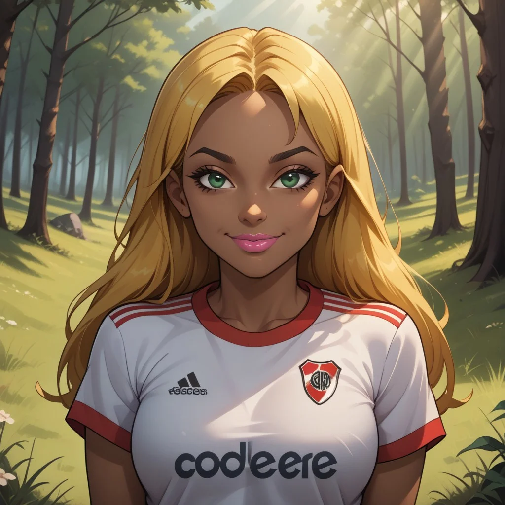 score_9, score_8, BREAK, solo, total drama, 1girl, blonde hair, long hair, (((dark skin, dark skin female))), green eyes, pink lips, lipstick, RiverPlate, striped shirt, striped, shirt, white shirt, short sleeves, clothes writing, sportswear, soccer uniform, black eyebrows, Dakota_(Total_Drama), tdroti, cute, breasts, sexy pose, self portrait, smile, looking at viewer, outdoors, sunlight, shadows, evening lighting, natural lighting, forest, trees, grass, orange sky, sunset