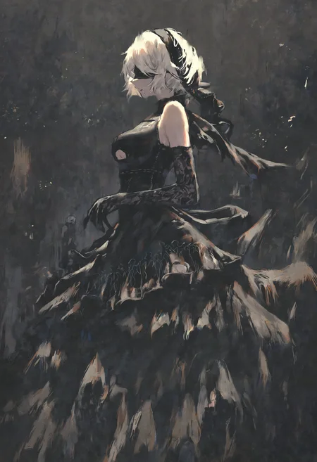 masterpiece, highres, absurdres, newest, very awa, painting (medium), wide shot, cinematic shot, 1girl, 2b (nier:automata), dress, solo, blindfold, black dress, gloves, black blindfold, short hair, elbow gloves, black gloves, hairband, white hair, bare shoulders, lace, lace gloves, hairband, black background, from side, <lora:spo_sdxl_10ep_4k-data_lora_webui>, <lora:NOOB_EPSv1_1_detailer_by_vlnvk_v1_0>, <lora:noobai_ep11_stabilizer_v0.30_fp16>, <lora:shiej007>