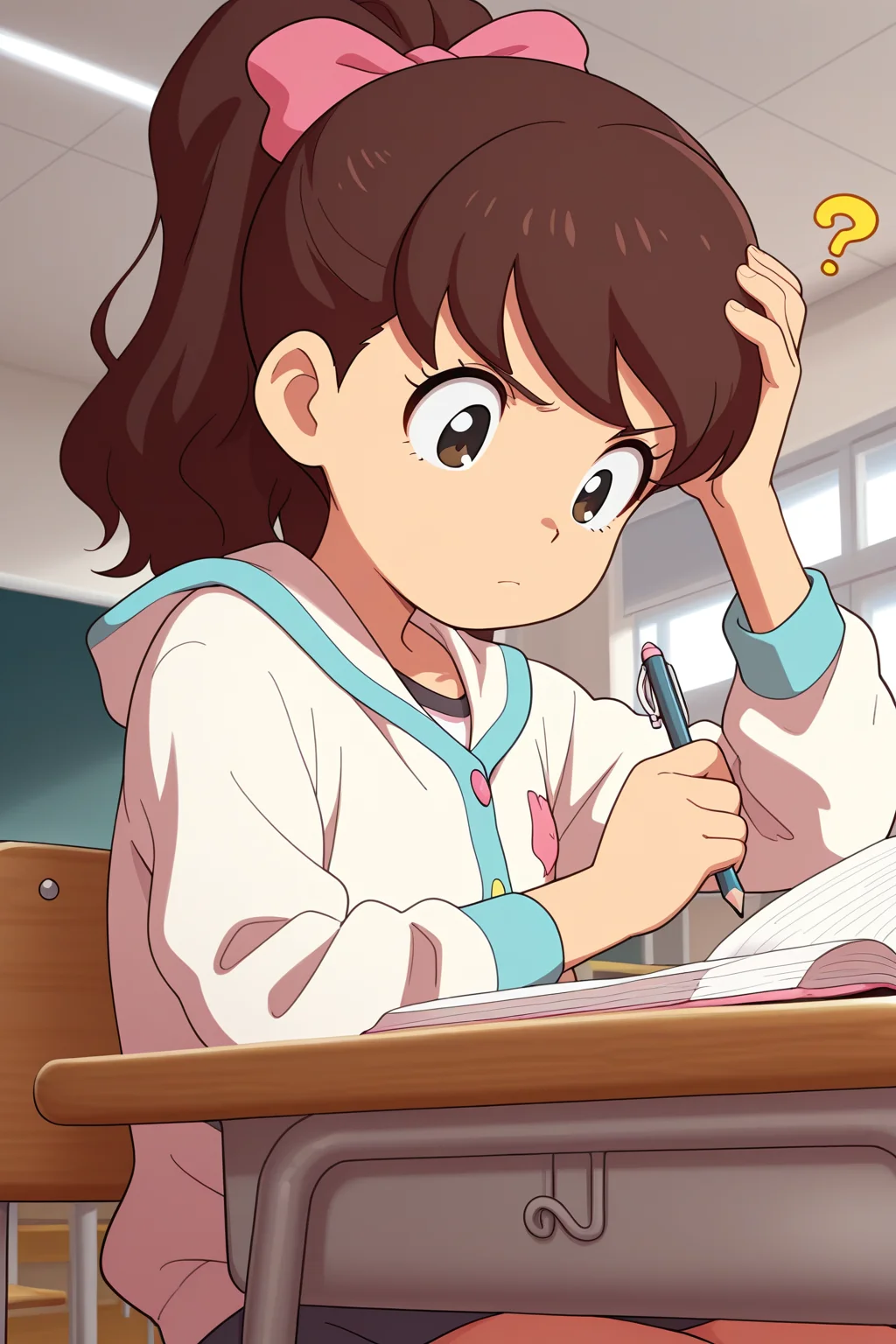 masterpiece, best quality, amazing quality, absurdres, kodamafumika, brown hair, high ponytail, solo, serious, confused, thinking, hand on own head, holding pencil, sitting, looking down, white jacket, upper body, indoors, classroom, school, school desk, notebook, open notebook