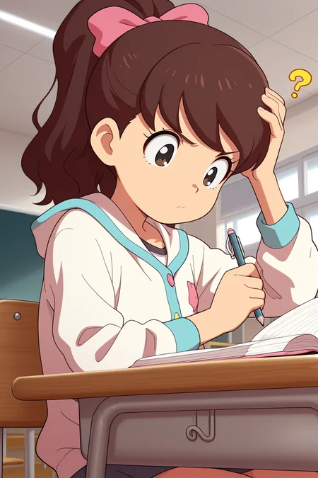 masterpiece, best quality, amazing quality, absurdres, kodamafumika, brown hair, high ponytail, solo, serious, confused, thinking, hand on own head, holding pencil, sitting, looking down, white jacket, upper body, indoors, classroom, school, school desk, notebook, open notebook