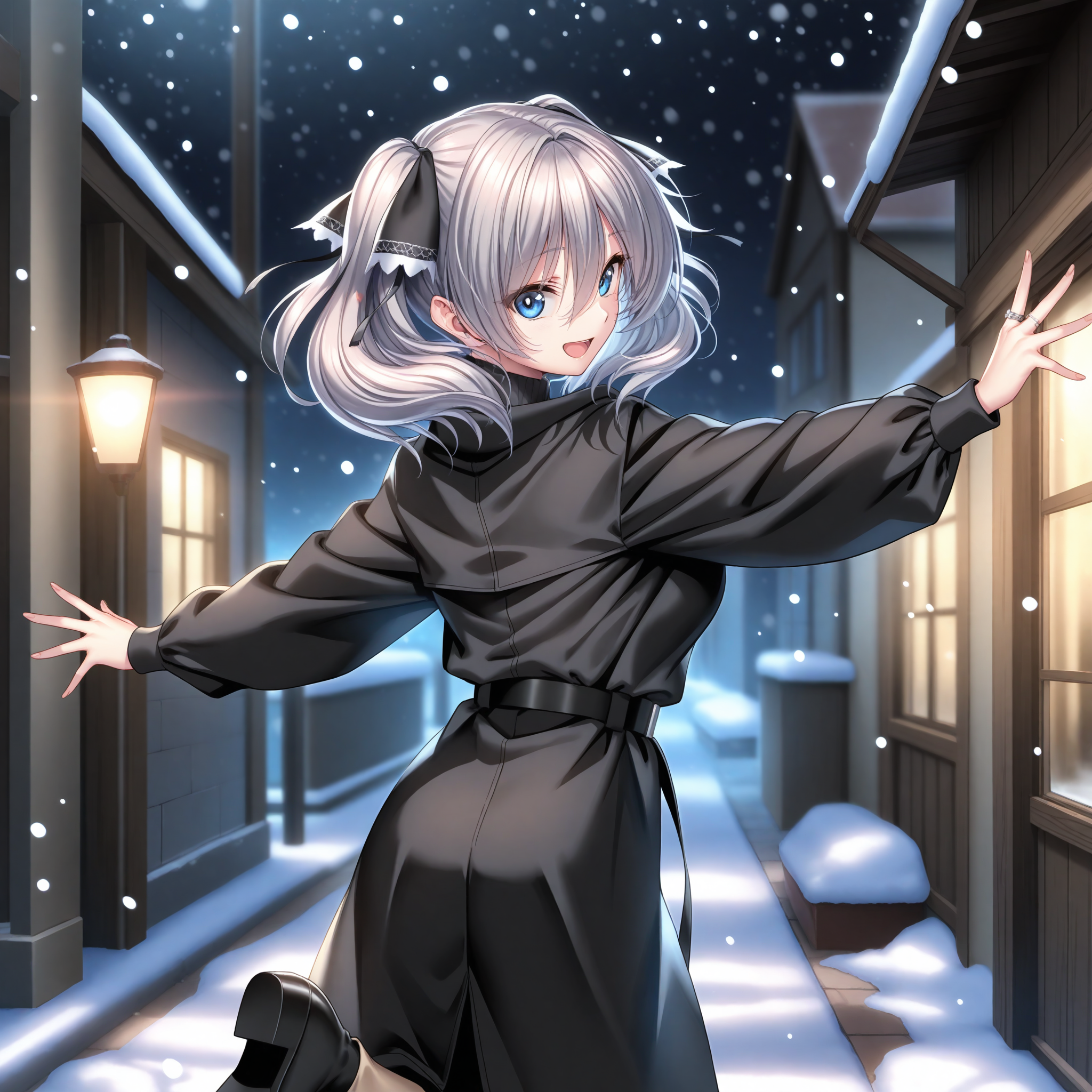 <lora:Jigokudani_Sara_1_nai-000044:1>,Jigokudani Sara,
twintails,hair ribbon,black ribbon,
long sleeves,black coat,turtleneck,black belt,
BREAK
1girl,solo,smile,looking at viewer,snowing,night,dark,light,ring,depth of field,lens_flare,from behind,spread arms,standing on one leg,looking back,open mouth,