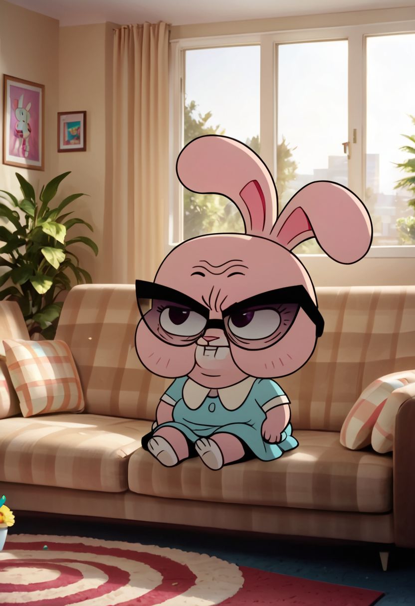 score_9, score_8_up, score_8,   <lora:Joanna_Jojo_Watterson_The_Amazing_World_of_Gumball_for_PonyXL_V2:0.8> 1girl, j0j0, bunny girl, old, solo,  glasses, sitting on couch, living room, window, parody