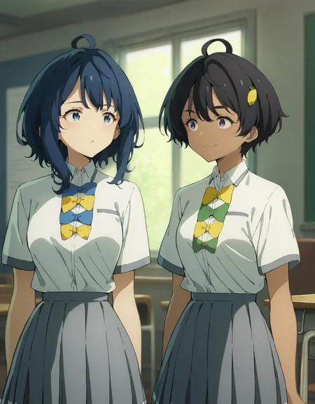 score_9, score_8_up, score_7_up, source_anime, 2girls, head to head, indoors, classroom, BREAK
1girl, <lora:lemon_yakishio_anime-soralz:0.7>, lemon yakishio, short hair, black hair, hair between eyes, ahoge, lemon hair ornament, purple eyes, dark skin, school uniform, white collared shirt, short sleeves, yellow bow, green bow, grey pleated skirt, looking at another, light smile,