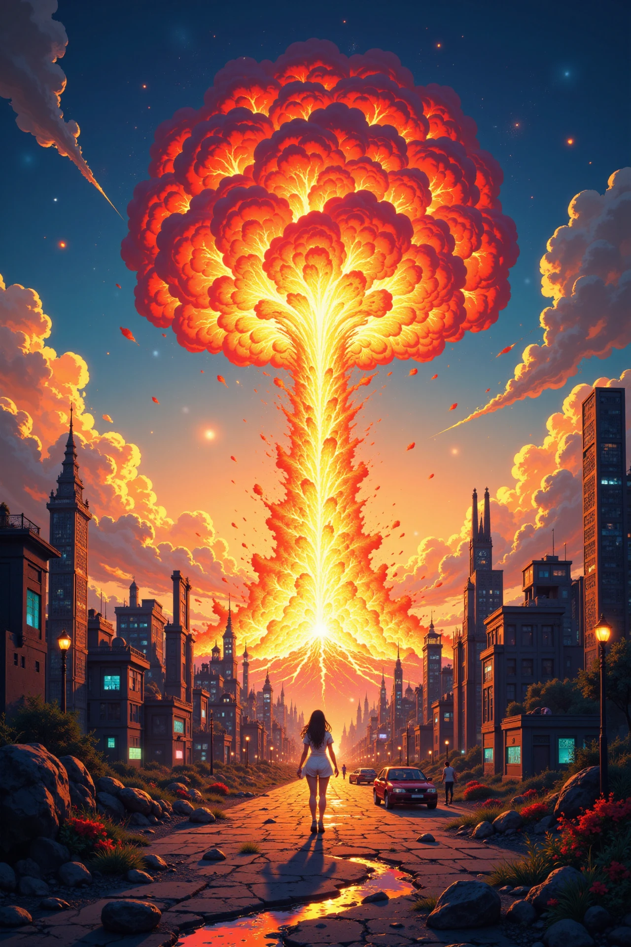 an atomic nuclear explosion in the middle of the city beautiful anime landscape, golden hour, woman, very intricate, very detailed, sharp, bright, colorful, <lora:Hand v2:0.5> <lora:Anti-Blur:1><lora:Insane Detail Slider:0.25>  <lora:flux.1_lora_flyway_Epic-detail_v2:0.3> <lora:fluxenhancer:0.25> <lora:ROWER:0.6> <lora:flux-charmer-v1-1:0.4> <lora:Colorful_Fantasy_Art_for_FLUX:1> fantasy art
