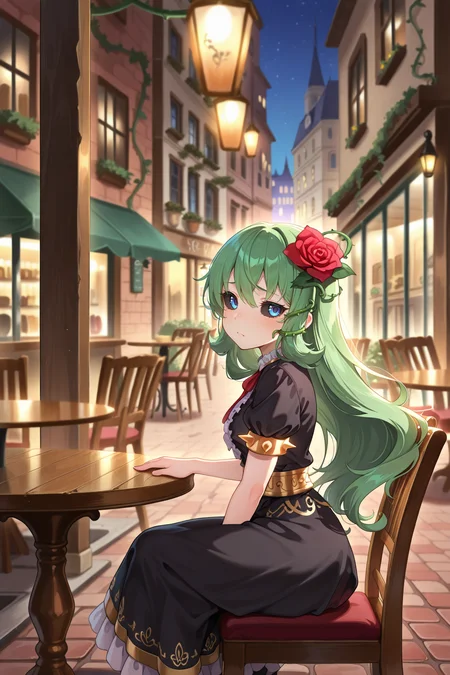 <lora:ChamIllustriousBackgroundEnhancer:0.5> <lora:illustrious_quality_modifiers_masterpieces_v1:0.8> ,  masterpiece, very aesthetic, absurdres, best quality, amazing quality, high resolution, newest, very awa, scenery, volumetric lighting, solo,  looking at viewer,  <lora:ToraIllustrious:0.8> , tordef, 1girl, solo, long hair, green hair, black sclera, blue eyes, hair flower, neck ribbon, center frills, black dress, frilled dress, gold trim, juliet sleeves, yellow armlet, spiked armlet, vines, exterior, night, frown, sitting, cafe, chair, table, paris, town, looking to the side, from side, patting ground next to girl,
