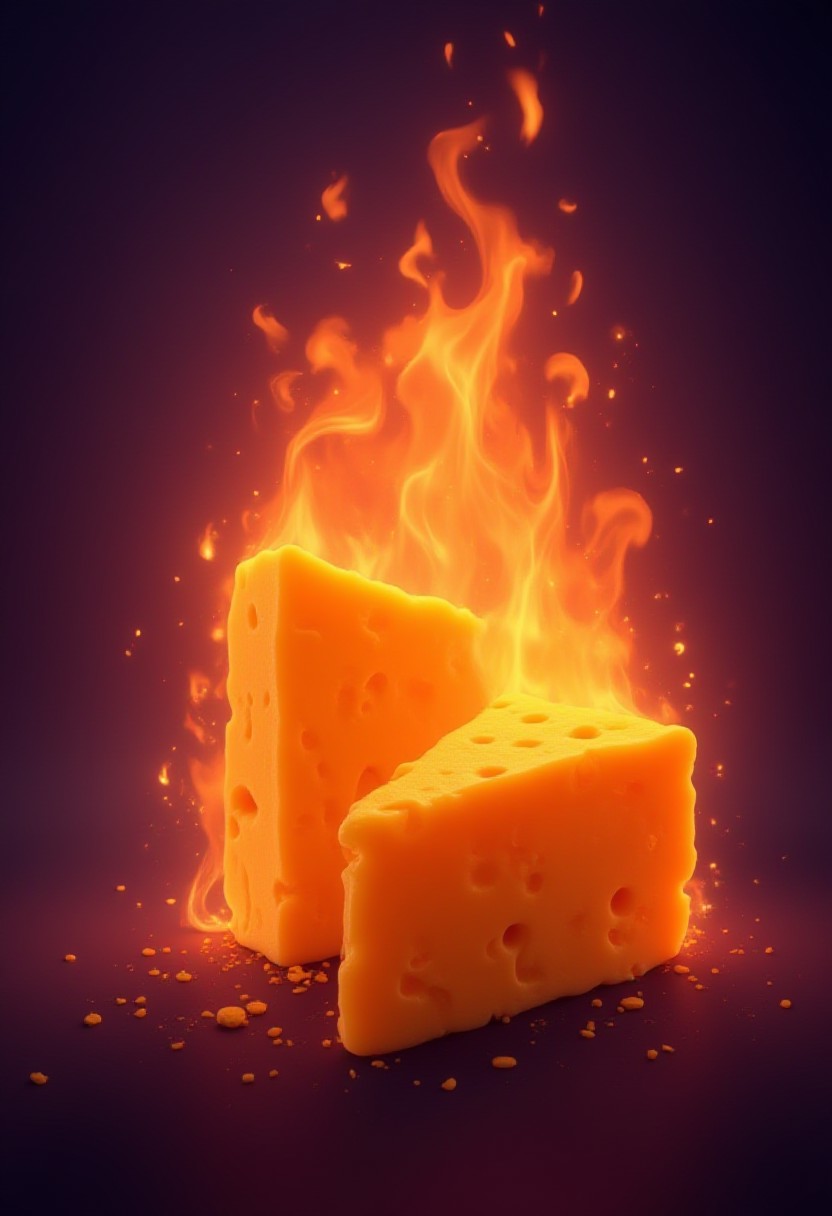 A chunk of  yellow swiss cheese engulfed in flames, concept art, masterpiece, perfect lighting, purple flames, 4k, absurdres,
