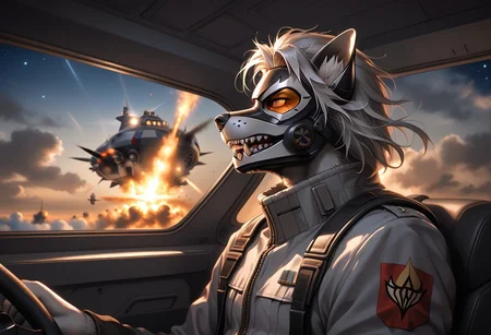1boy, Anthro fox, pilot, ((sitting in cockpit)), battle, mask, explosion in the distance, movie scene style, expressive, dramatic light, epic setting, very detailed, light against darkness, photography, hyper realistic, moody, cinema lighting, intricate detail, depth of field, bokeh, military ships, Star-Eater, (((dynamic)))Corvette, Destroyer, Frigate, in space, grim, invasion