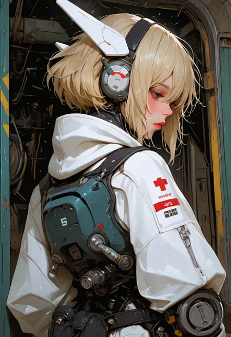 surreal, vivid, detailed, artistic, vibrant, absurdres, dramatic contrast, from back,  BREAK a girl, mecha pilot, animated, 
 BREAK  artistic light, volumetric litghting, 748cmstyle, cinematic, realistic