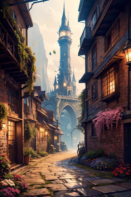 (Realistic:1.5), EDOBSYFYCITYLANDSCAPE, EDOBHORRORLANDSCAPE, EDOBFAIRYTALELANDSCAPE, simple background, steampunk, alley, rock, cliff, tower, scenery, lights, leaf, flower, <lora:EdobSyFyHorrorFairyTale_v1.0:0.8>