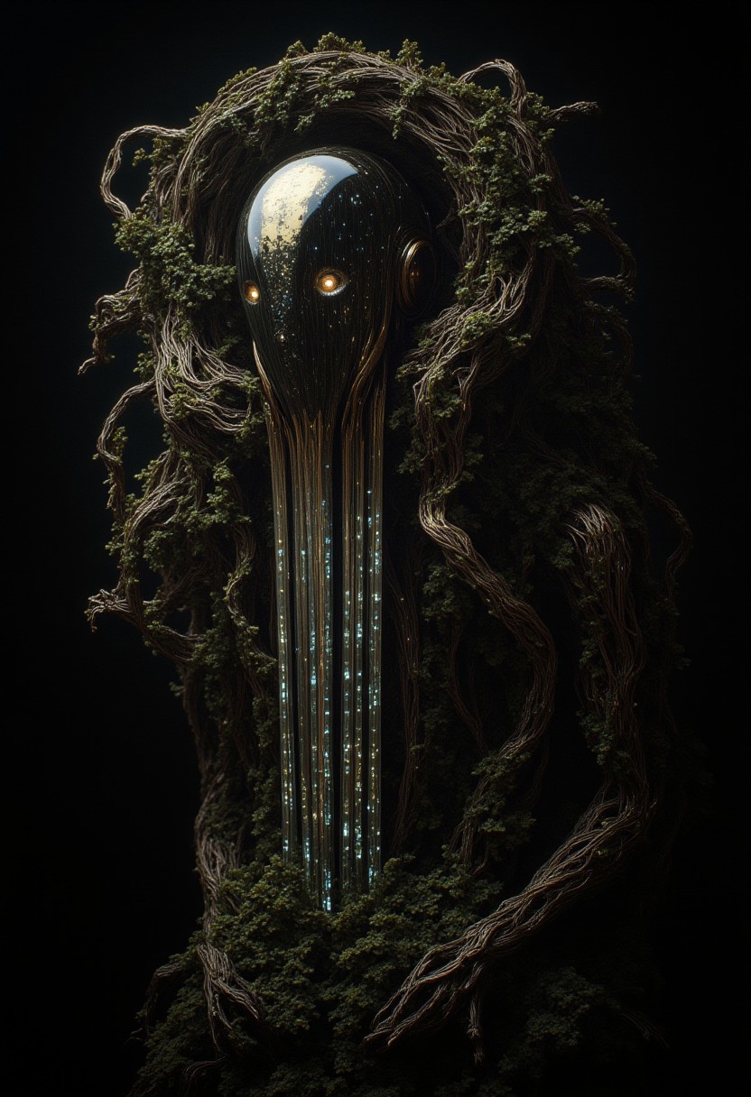 A grotesque cyborg lurks in the shadows, its twisted form composed of tangled, living plant vines intertwined with shimmering crystal rods, exuding an aura of silent dread. Its featureless, polished face reflects faint, distorted images of glowing circuitry, evoking omniscience and foreboding. The scene is dark and atmospheric, with faint light glinting off the crystalline rods and casting eerie patterns. Despite its serene, almost angelic posture, an unshakable unease fills the air, as though the entity harbors an unfathomable truth, blending nature and machine into a surreal and haunting creation