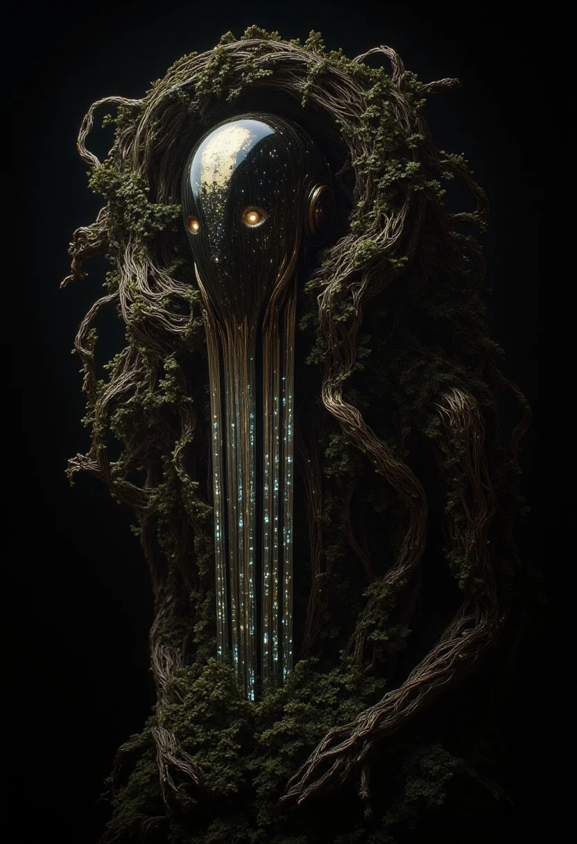A grotesque cyborg lurks in the shadows, its twisted form composed of tangled, living plant vines intertwined with shimmering crystal rods, exuding an aura of silent dread. Its featureless, polished face reflects faint, distorted images of glowing circuitry, evoking omniscience and foreboding. The scene is dark and atmospheric, with faint light glinting off the crystalline rods and casting eerie patterns. Despite its serene, almost angelic posture, an unshakable unease fills the air, as though the entity harbors an unfathomable truth, blending nature and machine into a surreal and haunting creation
