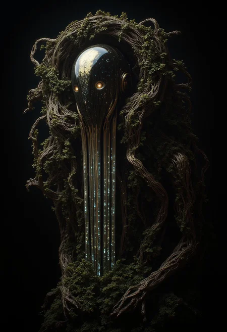 A grotesque cyborg lurks in the shadows, its twisted form composed of tangled, living plant vines intertwined with shimmering crystal rods, exuding an aura of silent dread. Its featureless, polished face reflects faint, distorted images of glowing circuitry, evoking omniscience and foreboding. The scene is dark and atmospheric, with faint light glinting off the crystalline rods and casting eerie patterns. Despite its serene, almost angelic posture, an unshakable unease fills the air, as though the entity harbors an unfathomable truth, blending nature and machine into a surreal and haunting creation