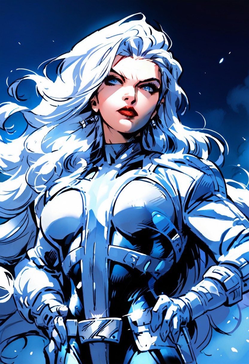 score_9, score_8_up, score_7_up, source_anime, 1girl, solo, long hair, breasts, blue eyes, gloves, white hair, belt, hand on hip, bodysuit, makeup, headband, wavy hair, lipstick