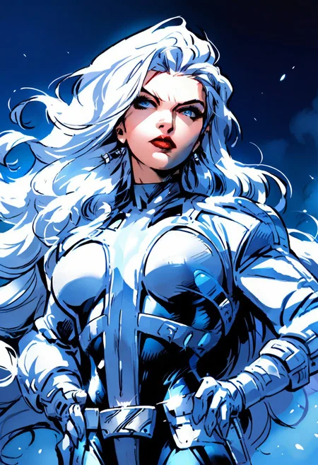 score_9, score_8_up, score_7_up, source_anime, 1girl, solo, long hair, breasts, blue eyes, gloves, white hair, belt, hand on hip, bodysuit, makeup, headband, wavy hair, lipstick