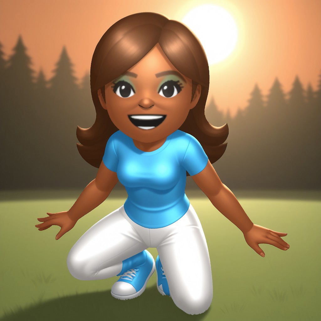 score_9, score_8, BREAK, solo, wii, mii, wii sports, 1girl, female mii, black eyes, brown hair, brown eyebrows,  blue eyeshadow, dark skin, open mouth, cyan clothing, white pants, sneakers, nintendo mii, modern_mii, classic_mii, breasts, haruka_(wii_sports), cute, sexy pose, smile, outdoors, sunlight, shadows, evening lighting, natural lighting, forest, trees, grass, orange sky, sunset