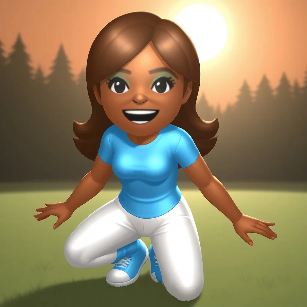 score_9, score_8, BREAK, solo, wii, mii, wii sports, 1girl, female mii, black eyes, brown hair, brown eyebrows, blue eyeshadow, dark skin, open mouth, cyan clothing, white pants, sneakers, nintendo mii, modern_mii, classic_mii, breasts, haruka_(wii_sports), cute, sexy pose, smile, outdoors, sunlight, shadows, evening lighting, natural lighting, forest, trees, grass, orange sky, sunset