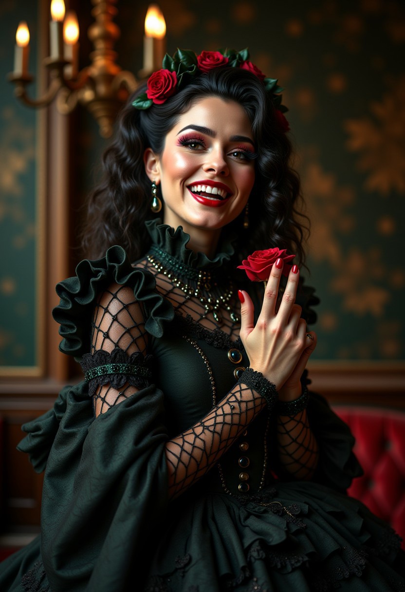 A stunning ultra-realistic full body photo of a captivating nymphomanic Victorian duchess, who is a sorceress that manipulates time and fashion. she is laughing exaggeratedly. She confidently gazes at the viewer, exuding an air of elegance and magnificence. The duchess is dressed in an extravagant, high-collared gown adorned with frills, underneath which she wears fishnet stockings. she has an Exaggerated make-up with red eyeliner, green mascara and brillant red lipstick. Her flirtatious demeanor and impeccable fashion sense reflect the glamour of the Victorian era. The overall ambiance of the image is a blend of enchantment, sophistication, and allure.