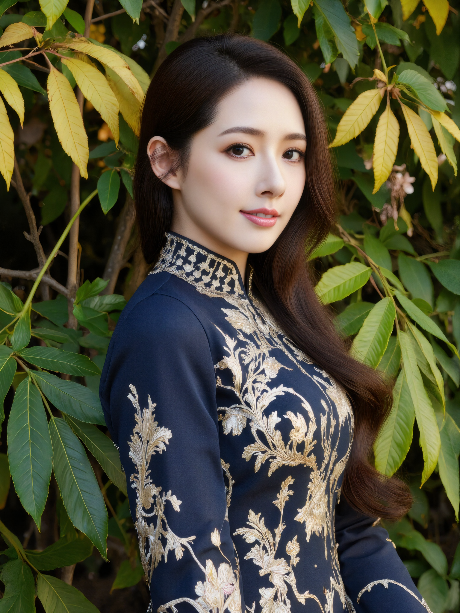 This is a high-resolution photograph featuring a stunning Asian woman with a fair complexion, standing amidst lush green foliage. She has long, dark hair styled in a loose, elegant updo, and her makeup is tastefully done with a focus on her eyes and lips. She wears a rich, deep blue dress adorned with intricate gold floral patterns, which adds a touch of regality to the image. The dress has long sleeves and a high neckline, fitting her slender yet curvaceous figure. Her expression is serene and captivating, with a slight smile playing on her lips.

The background is a dense, verdant jungle with a mix of green and yellow leaves, suggesting a late summer or early autumn setting. The lighting is natural, likely taken during the golden hour, which gives a warm, soft glow to her skin and highlights the vibrant colors of the leaves. The camera angle is slightly low, emphasizing her height and the lushness of the foliage around her.

The composition adheres to the rule of thirds, with the woman positioned off-center, drawing the viewer's eye naturally across the frame. The texture of the leaves contrasts with the smoothness of her skin and the intricate fabric of her dress, creating a visually rich and balanced image.