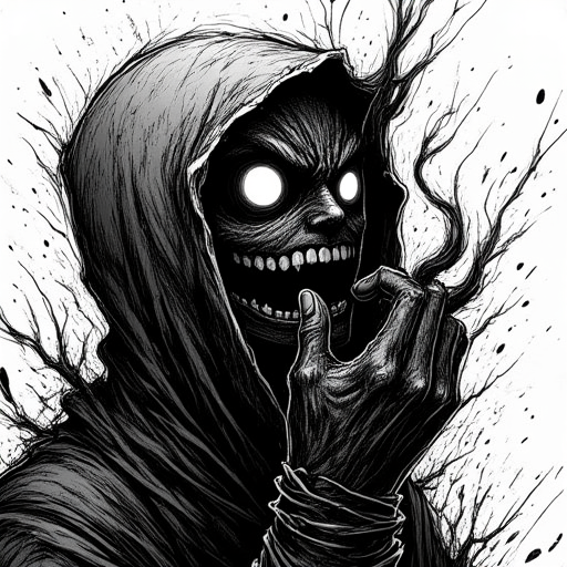 The ghost's corrupted form hovers threateningly, defined through harsh crosshatching and aggressive screentone patterns. Distorted shadows twist around its form like living darkness. The background features chaotic, violent sketch lines and oppressive shadow shapes. 
