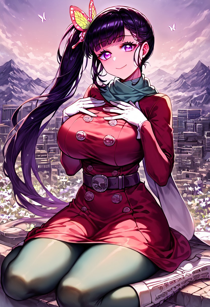 gorgeous lips, cinematic, (masterpiece), (best quality), (ultra-detailed), very aesthetic, perfect composition, intricate details, absurdres, detailed face, (anime, masterpiece, intricate:1.3), (best quality, hires textures, high detail:1.2), score_9, score_8_up, score_7_up, source_anime, 1girl, kanao tsuyuri, black hair, pink highlights, butterfly, butterfly hair ornament, purple eyes, long hair, side ponytail, ponytail, eyelashes, hair ornament, scarf, dress, red dress, long sleeves, buttons, gloves, white gloves, belt, pantyhose, green pantyhose, laced heel boots, white footwear, skirt, flower patterns, alternate_costume, enormous breasts, facial expression, kind, soft eyes, head tilt, slightly smiling, closed mouth, hand on breasts, goddess, building size, giantess, growing even bigger, sitting on the city floor, gradient eyes, beautiful detailed eyes, city background, mountain landscape, city, mountain, building, skyscrapers, surrounded by tall skyscrapers, (masterpiece:1.4), (best quality:1.4), (ultra-detailed:1.2), gl0w, glow,