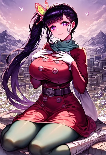 gorgeous lips, cinematic, (masterpiece), (best quality), (ultra-detailed), very aesthetic, perfect composition, intricate details, absurdres, detailed face, (anime, masterpiece, intricate:1.3), (best quality, hires textures, high detail:1.2), score_9, score_8_up, score_7_up, source_anime, 1girl, kanao tsuyuri, black hair, pink highlights, butterfly, butterfly hair ornament, purple eyes, long hair, side ponytail, ponytail, eyelashes, hair ornament, scarf, dress, red dress, long sleeves, buttons, gloves, white gloves, belt, pantyhose, green pantyhose, laced heel boots, white footwear, skirt, flower patterns, alternate_costume, enormous breasts, facial expression, kind, soft eyes, head tilt, slightly smiling, closed mouth, hand on breasts, goddess, building size, giantess, growing even bigger, sitting on the city floor, gradient eyes, beautiful detailed eyes, city background, mountain landscape, city, mountain, building, skyscrapers, surrounded by tall skyscrapers, (masterpiece:1.4), (best quality:1.4), (ultra-detailed:1.2), gl0w, glow,