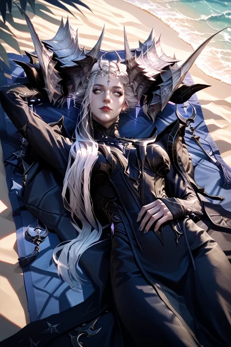 score_9, score_8_up, score_7_up
<lora:LABrelshaza:1.0>
LABrelshaza, 1girl, white hair, white eyes, demon horns, long hair, looking at viewer, looking at viewer, seductive smile, lying, on towel, beach, sunbathing, from above